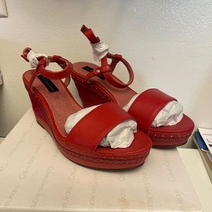 Women's Calvin Klein Sandrine Red Wedge Sandal Heels Sz 8M.